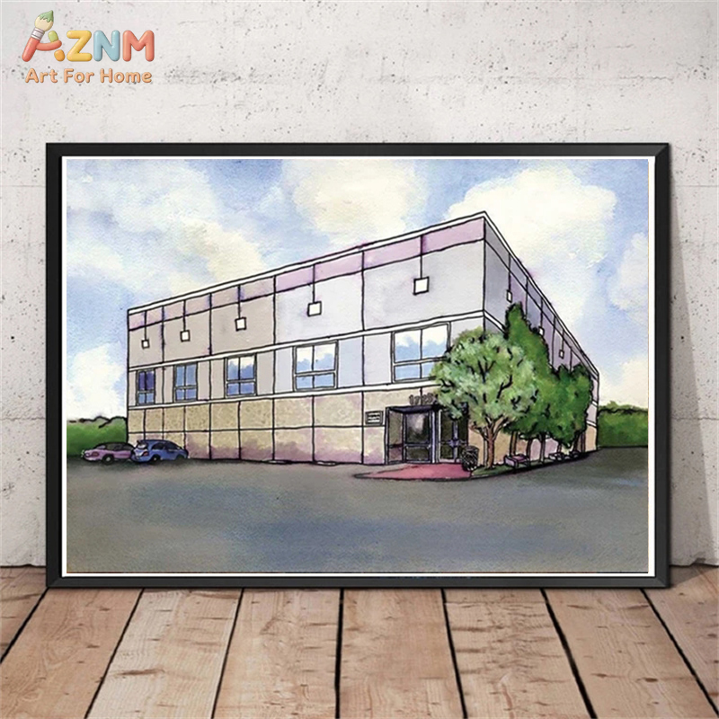 Commercial Wall Printing - AZNM 수채화 현대 상업용 건물 풍경