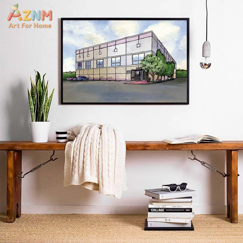 AZNM 수채화 현대 상업용 건물 풍경 캔버스 벽 예술 - Commercial Wall Printing 리뷰 및 가격